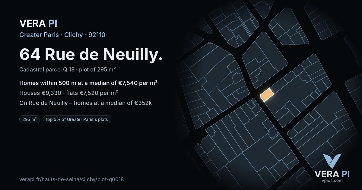 64 Rue de Neuilly, Clichy at night – the plot lit, the parcels around coloured by the prices near them