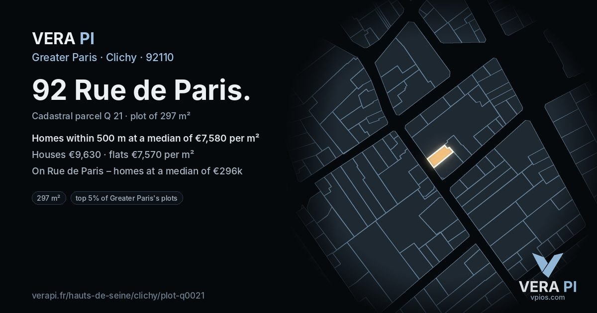 92 Rue de Paris, Clichy at night – the plot lit, the parcels around coloured by the prices near them