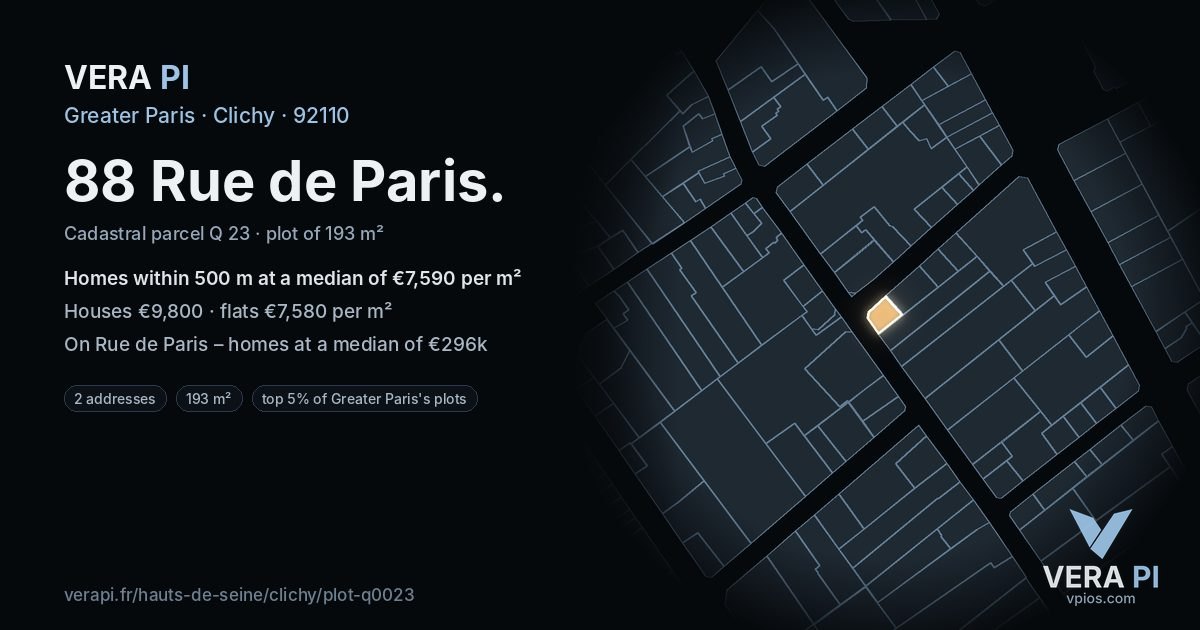 88 Rue de Paris, Clichy at night – the plot lit, the parcels around coloured by the prices near them
