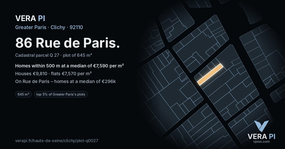 86 Rue de Paris, Clichy at night – the plot lit, the parcels around coloured by the prices near them
