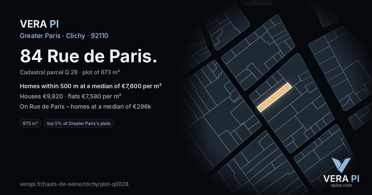 84 Rue de Paris, Clichy at night – the plot lit, the parcels around coloured by the prices near them