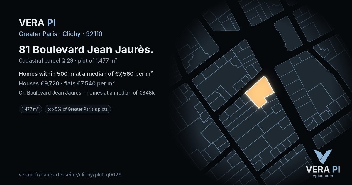 81 Boulevard Jean Jaurès, Clichy at night – the plot lit, the parcels around coloured by the prices near them