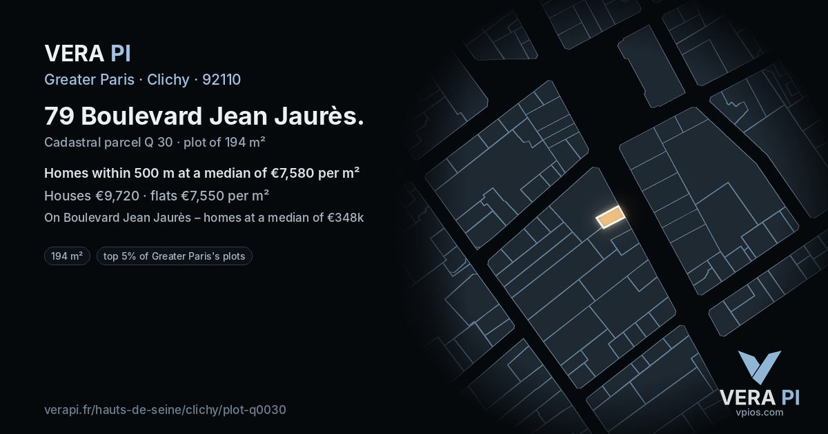 79 Boulevard Jean Jaurès, Clichy at night – the plot lit, the parcels around coloured by the prices near them