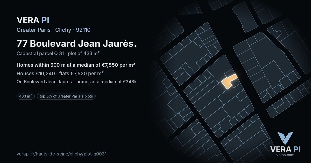 77 Boulevard Jean Jaurès, Clichy at night – the plot lit, the parcels around coloured by the prices near them
