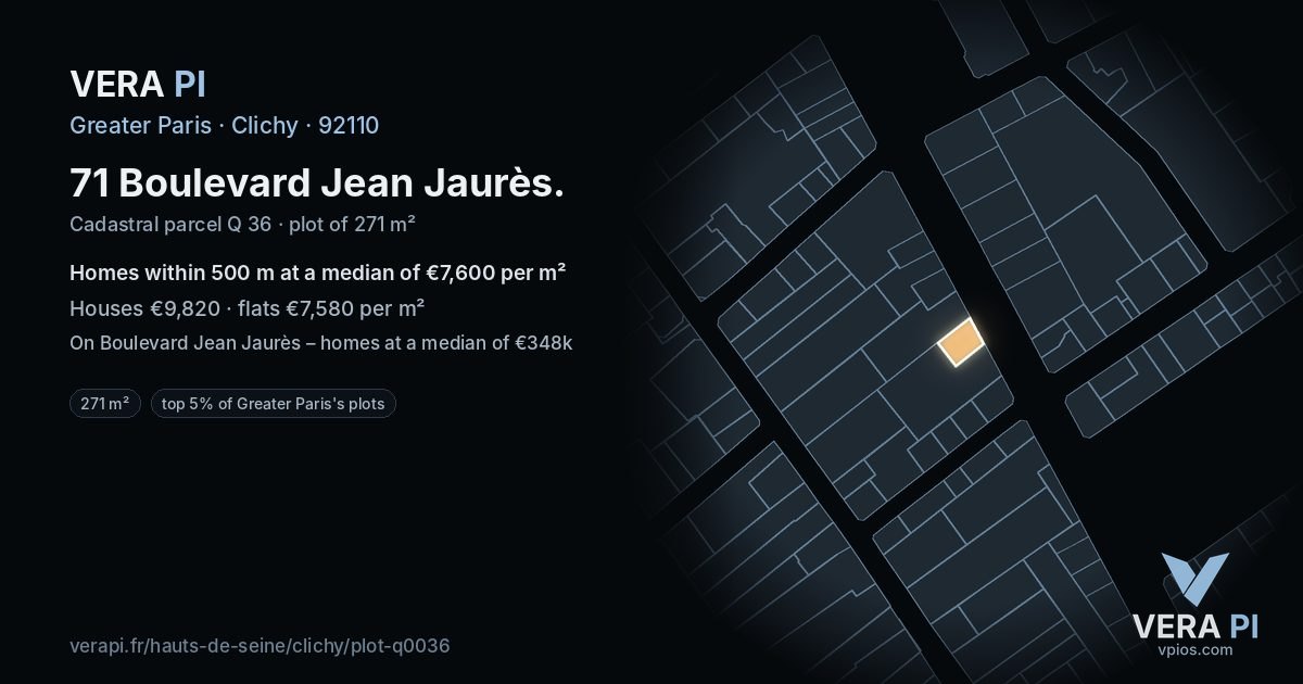71 Boulevard Jean Jaurès, Clichy at night – the plot lit, the parcels around coloured by the prices near them
