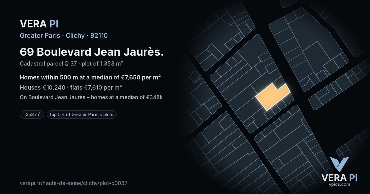 69 Boulevard Jean Jaurès, Clichy at night – the plot lit, the parcels around coloured by the prices near them