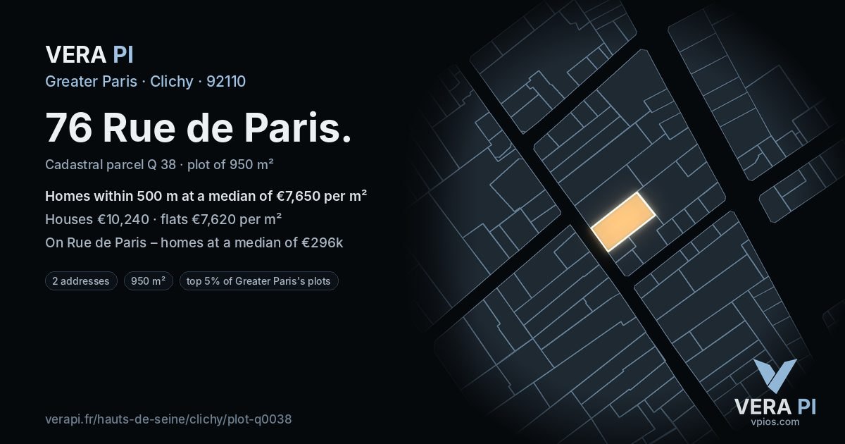 76 Rue de Paris, Clichy at night – the plot lit, the parcels around coloured by the prices near them