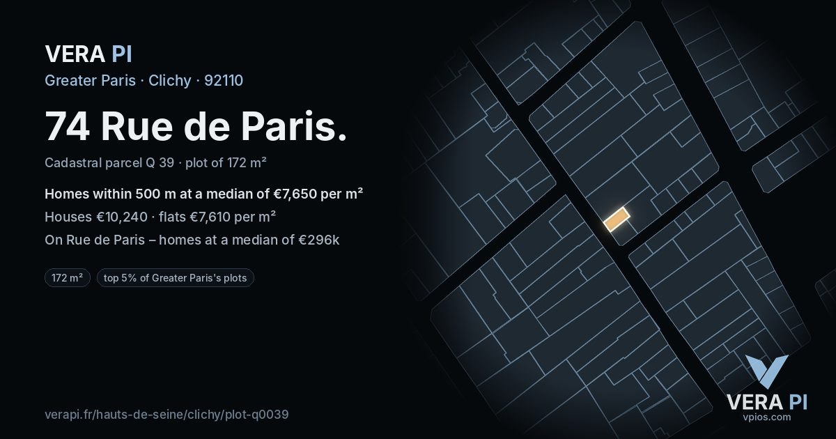 74 Rue de Paris, Clichy at night – the plot lit, the parcels around coloured by the prices near them