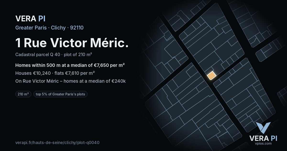 1 Rue Victor Méric, Clichy at night – the plot lit, the parcels around coloured by the prices near them