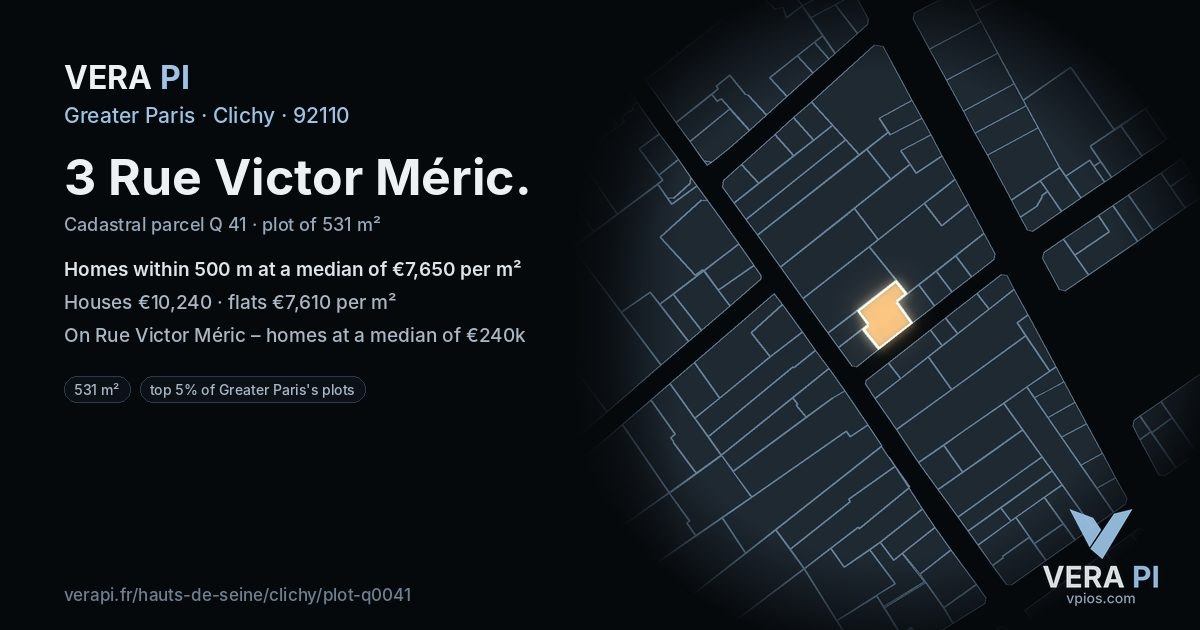 3 Rue Victor Méric, Clichy at night – the plot lit, the parcels around coloured by the prices near them