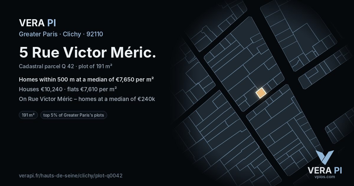 5 Rue Victor Méric, Clichy at night – the plot lit, the parcels around coloured by the prices near them