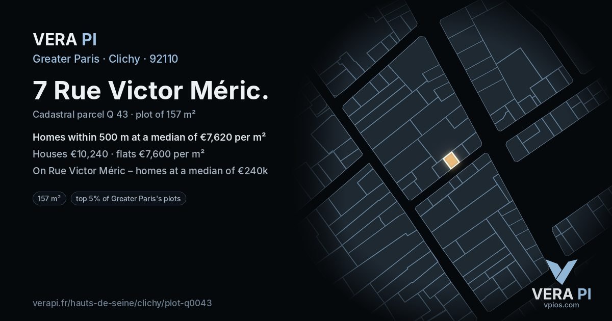 7 Rue Victor Méric, Clichy at night – the plot lit, the parcels around coloured by the prices near them