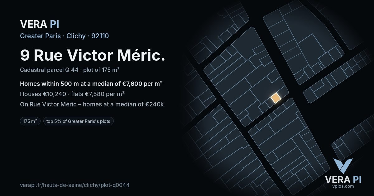 9 Rue Victor Méric, Clichy at night – the plot lit, the parcels around coloured by the prices near them