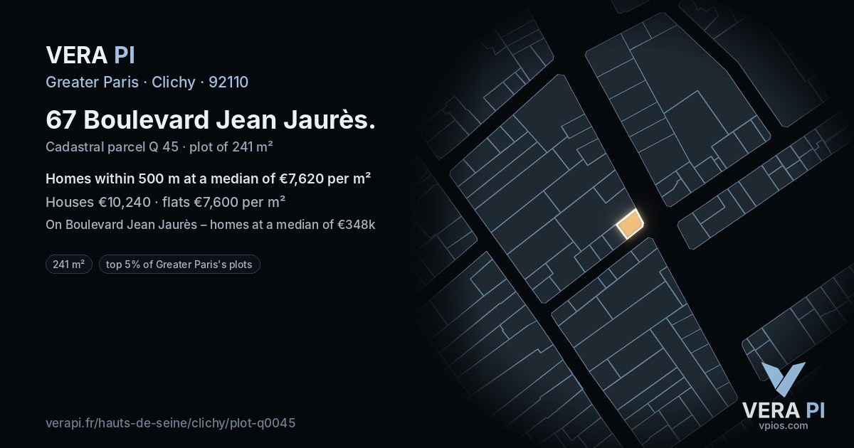 67 Boulevard Jean Jaurès, Clichy at night – the plot lit, the parcels around coloured by the prices near them