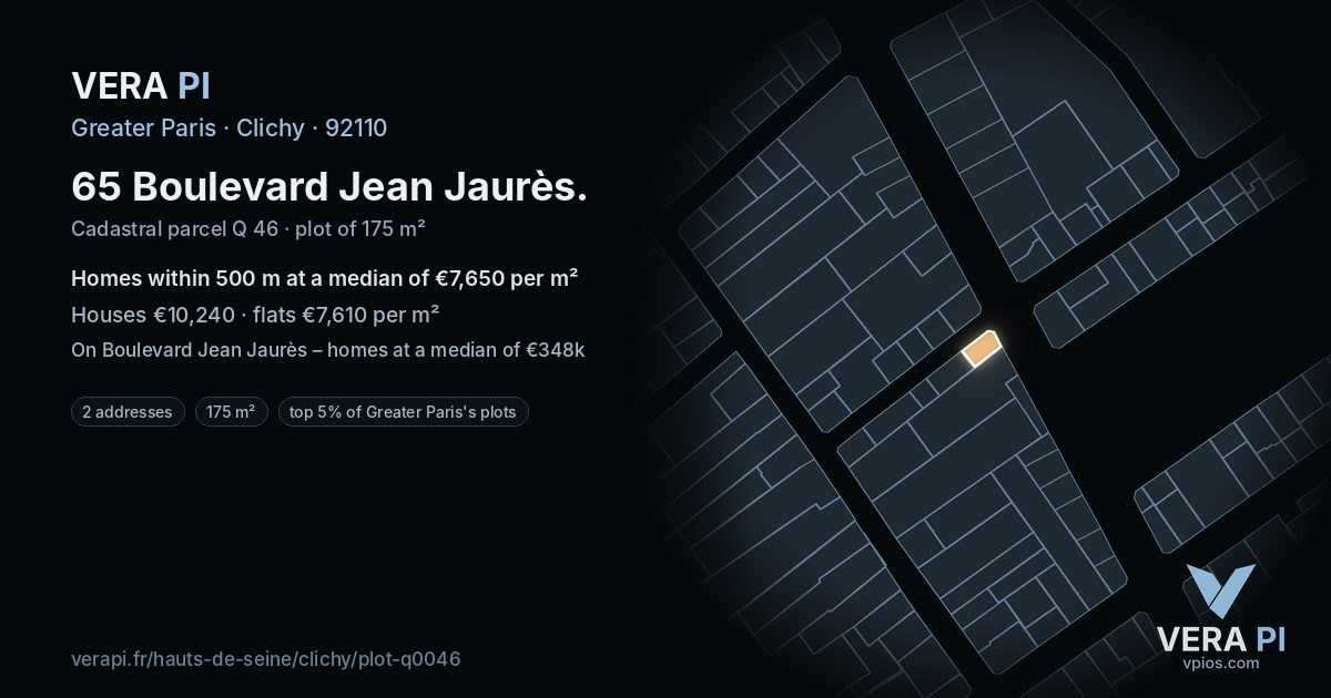 65 Boulevard Jean Jaurès, Clichy at night – the plot lit, the parcels around coloured by the prices near them