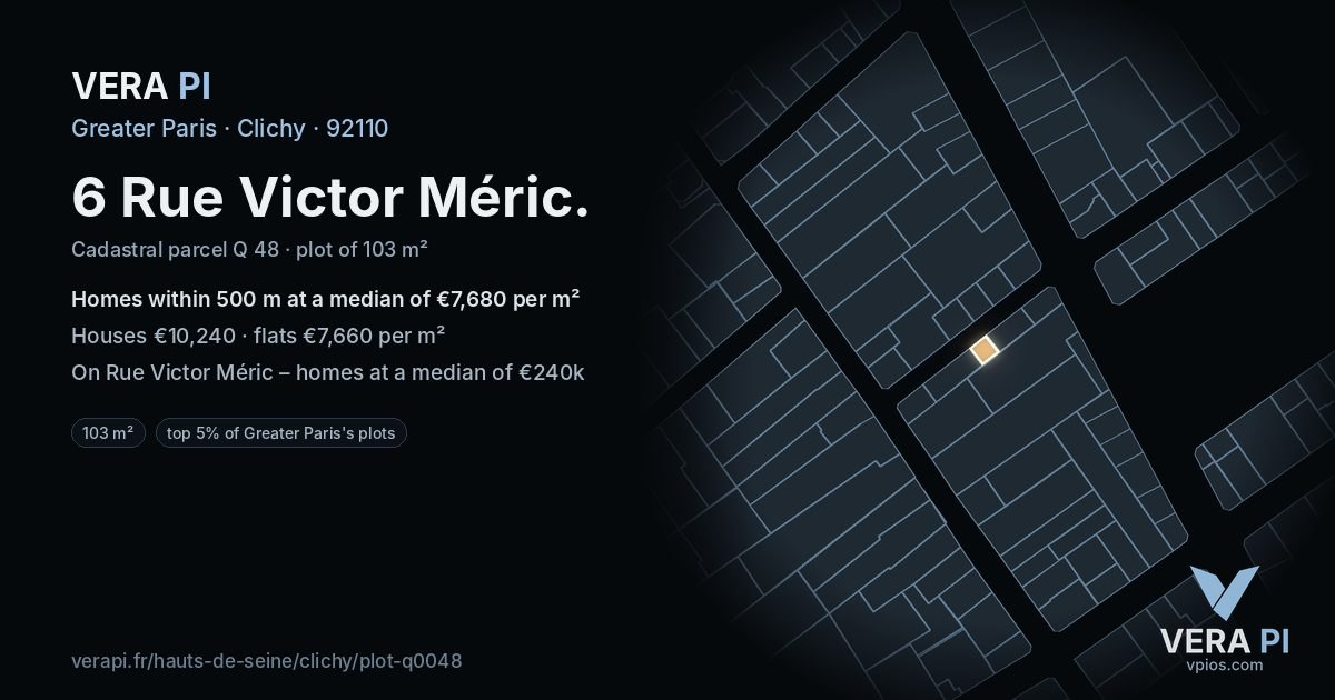 6 Rue Victor Méric, Clichy at night – the plot lit, the parcels around coloured by the prices near them