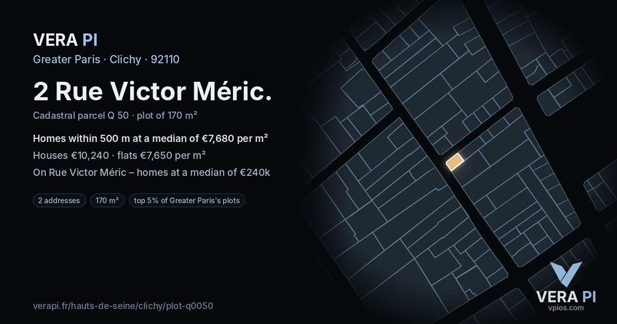 2 Rue Victor Méric, Clichy at night – the plot lit, the parcels around coloured by the prices near them