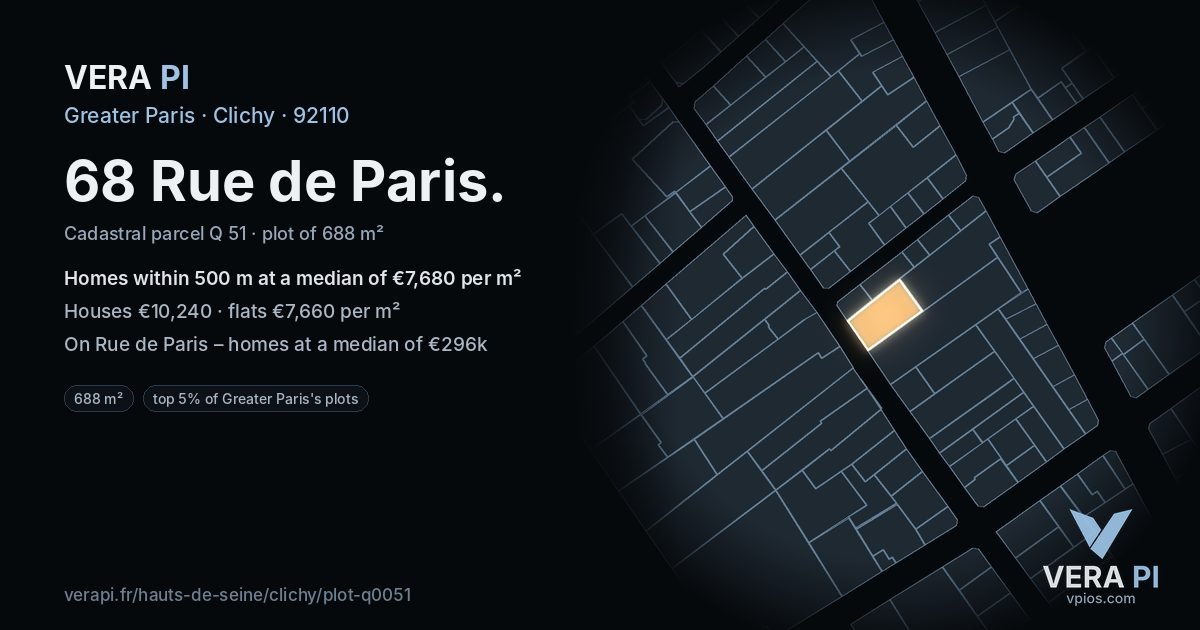 68 Rue de Paris, Clichy at night – the plot lit, the parcels around coloured by the prices near them