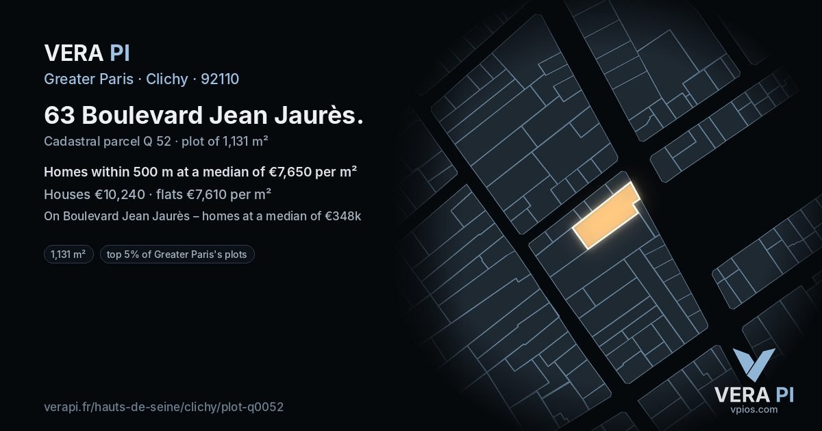 63 Boulevard Jean Jaurès, Clichy at night – the plot lit, the parcels around coloured by the prices near them