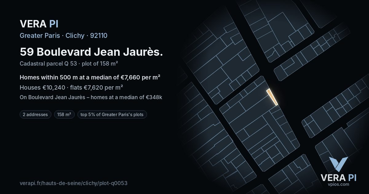 59 Boulevard Jean Jaurès, Clichy at night – the plot lit, the parcels around coloured by the prices near them