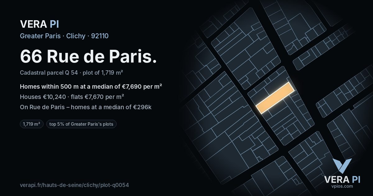 66 Rue de Paris, Clichy at night – the plot lit, the parcels around coloured by the prices near them