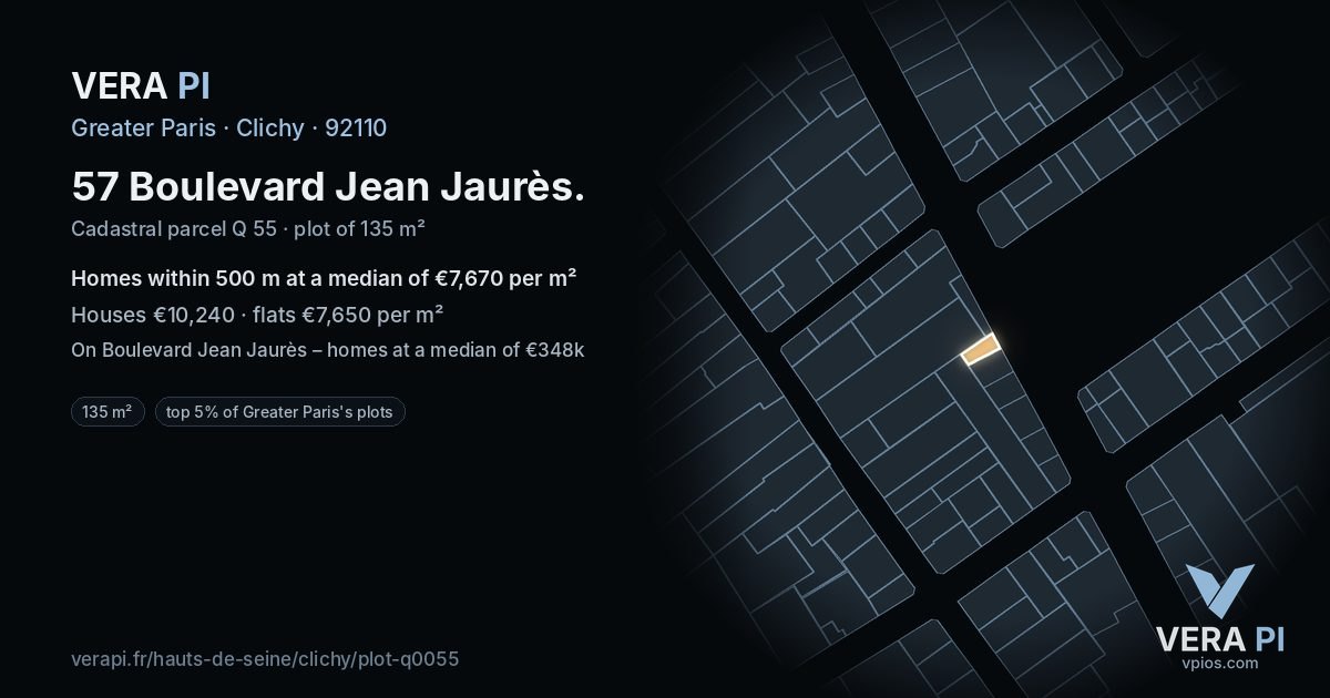 57 Boulevard Jean Jaurès, Clichy at night – the plot lit, the parcels around coloured by the prices near them