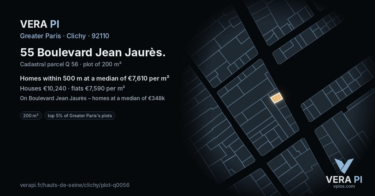 55 Boulevard Jean Jaurès, Clichy at night – the plot lit, the parcels around coloured by the prices near them