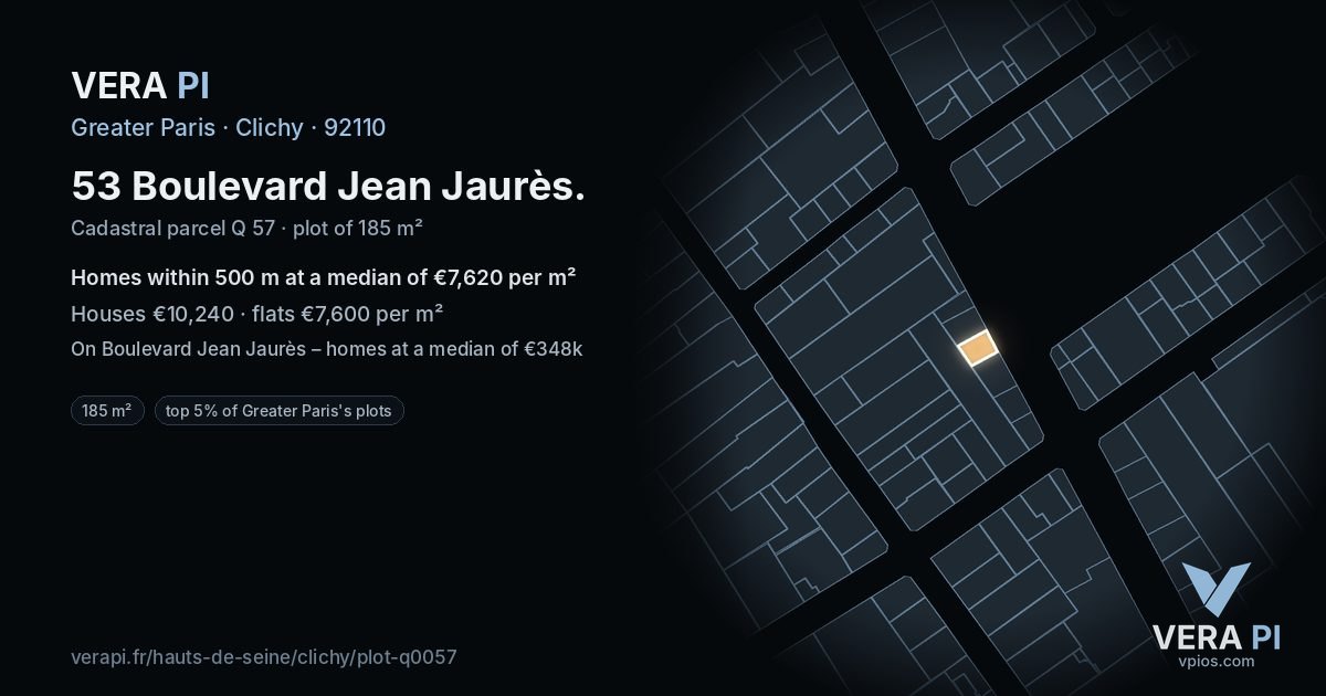 53 Boulevard Jean Jaurès, Clichy at night – the plot lit, the parcels around coloured by the prices near them