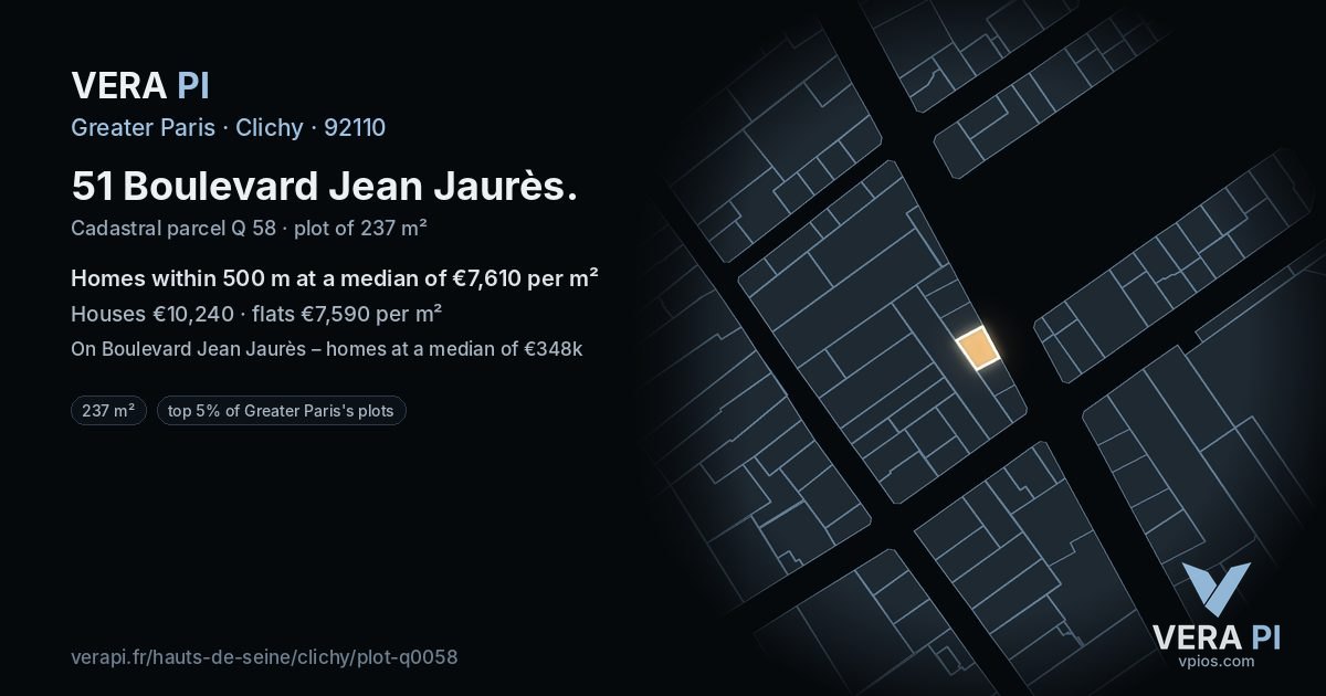 51 Boulevard Jean Jaurès, Clichy at night – the plot lit, the parcels around coloured by the prices near them