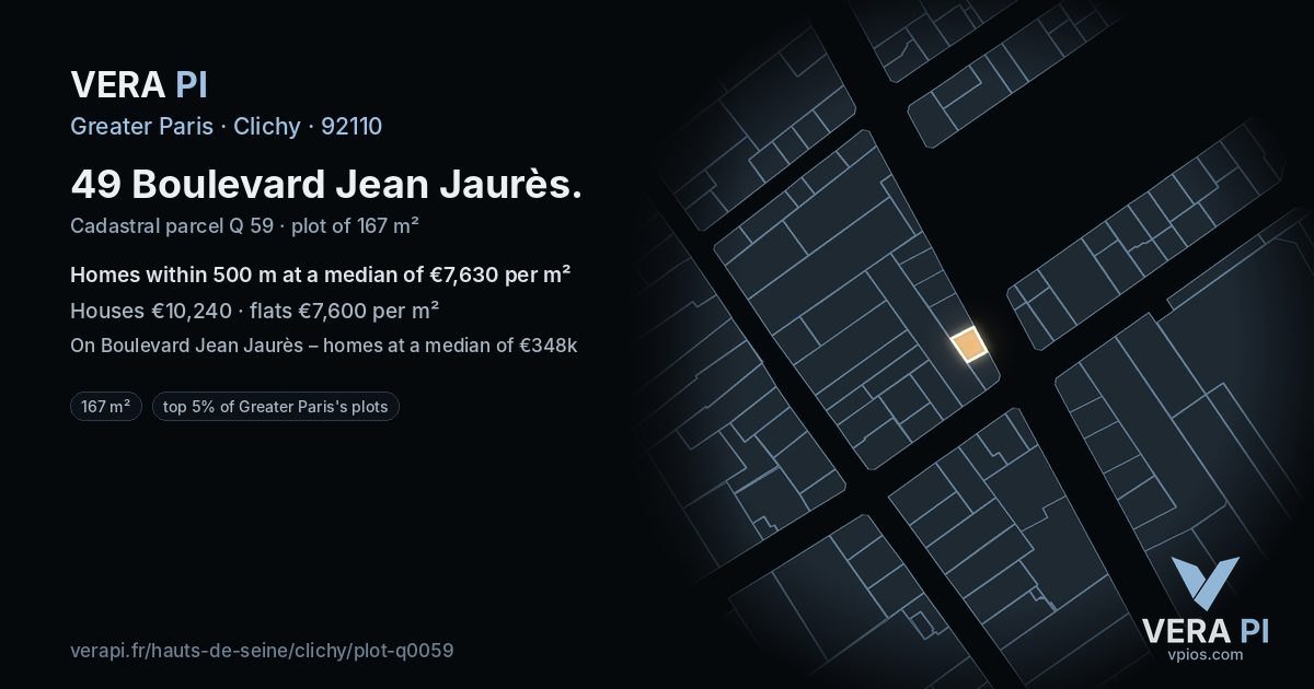 49 Boulevard Jean Jaurès, Clichy at night – the plot lit, the parcels around coloured by the prices near them