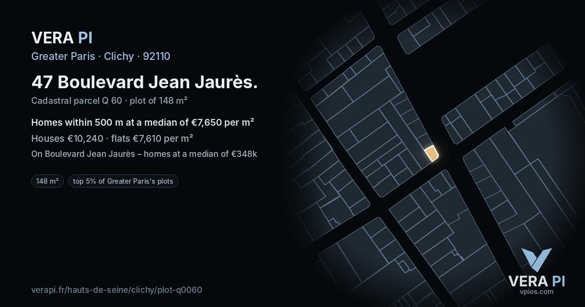47 Boulevard Jean Jaurès, Clichy at night – the plot lit, the parcels around coloured by the prices near them