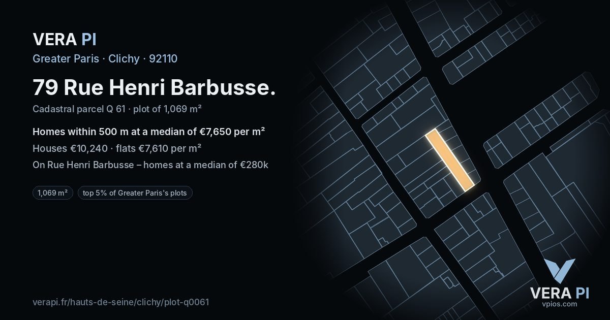 79 Rue Henri Barbusse, Clichy at night – the plot lit, the parcels around coloured by the prices near them