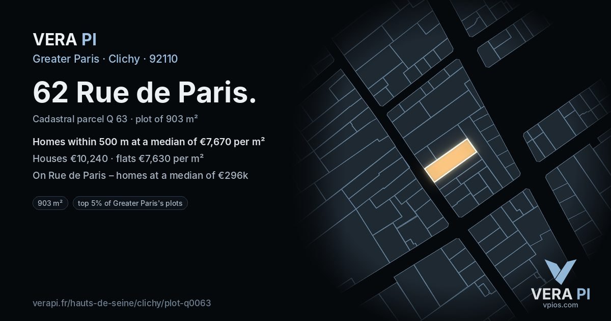 62 Rue de Paris, Clichy at night – the plot lit, the parcels around coloured by the prices near them