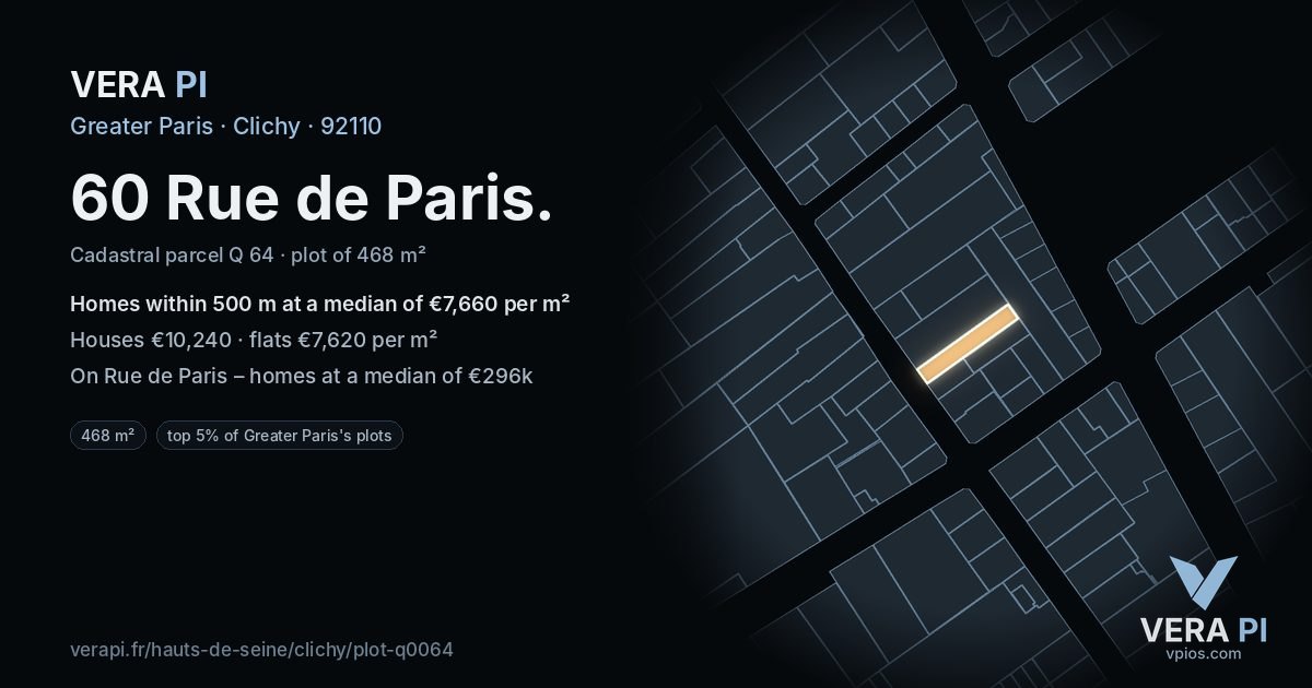 60 Rue de Paris, Clichy at night – the plot lit, the parcels around coloured by the prices near them