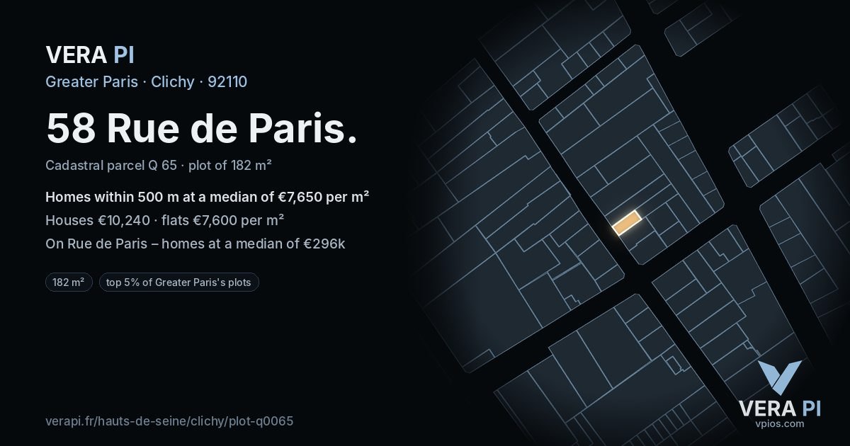 58 Rue de Paris, Clichy at night – the plot lit, the parcels around coloured by the prices near them