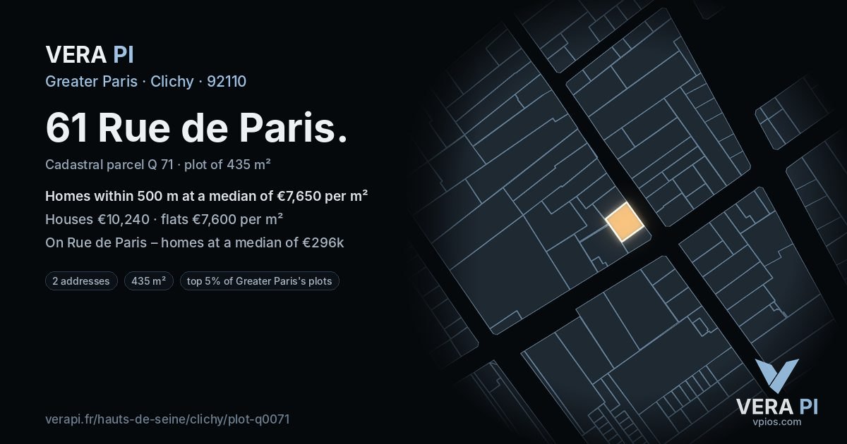 61 Rue de Paris, Clichy at night – the plot lit, the parcels around coloured by the prices near them