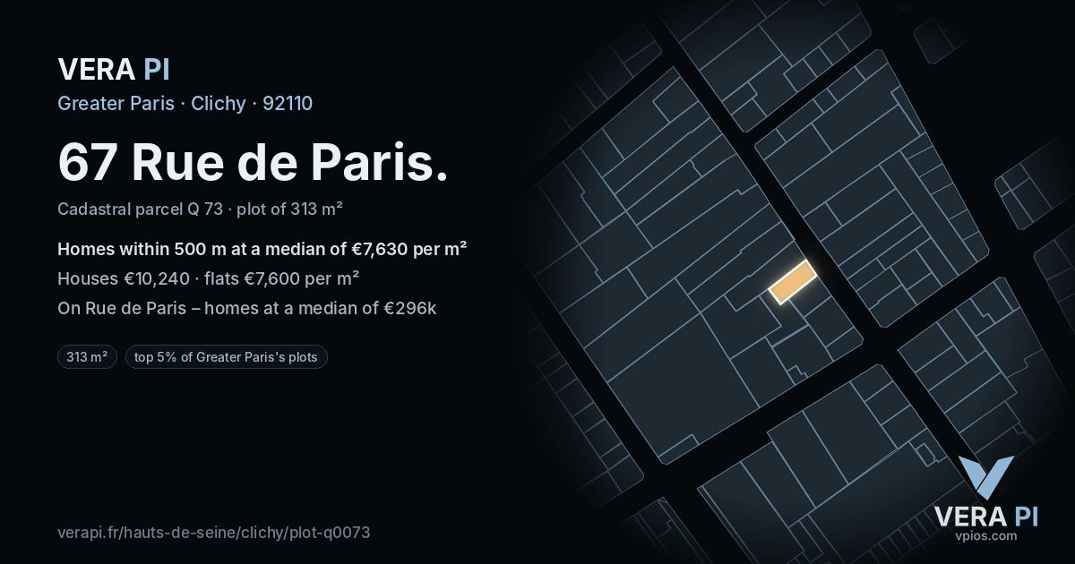 67 Rue de Paris, Clichy at night – the plot lit, the parcels around coloured by the prices near them