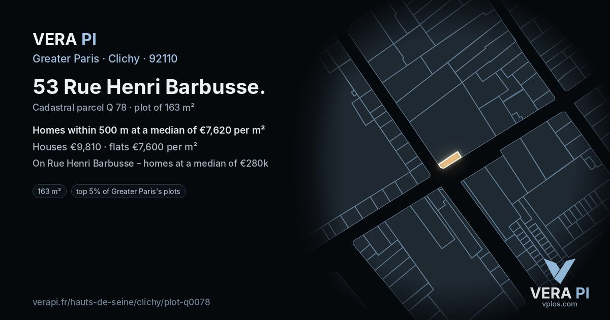 53 Rue Henri Barbusse, Clichy at night – the plot lit, the parcels around coloured by the prices near them