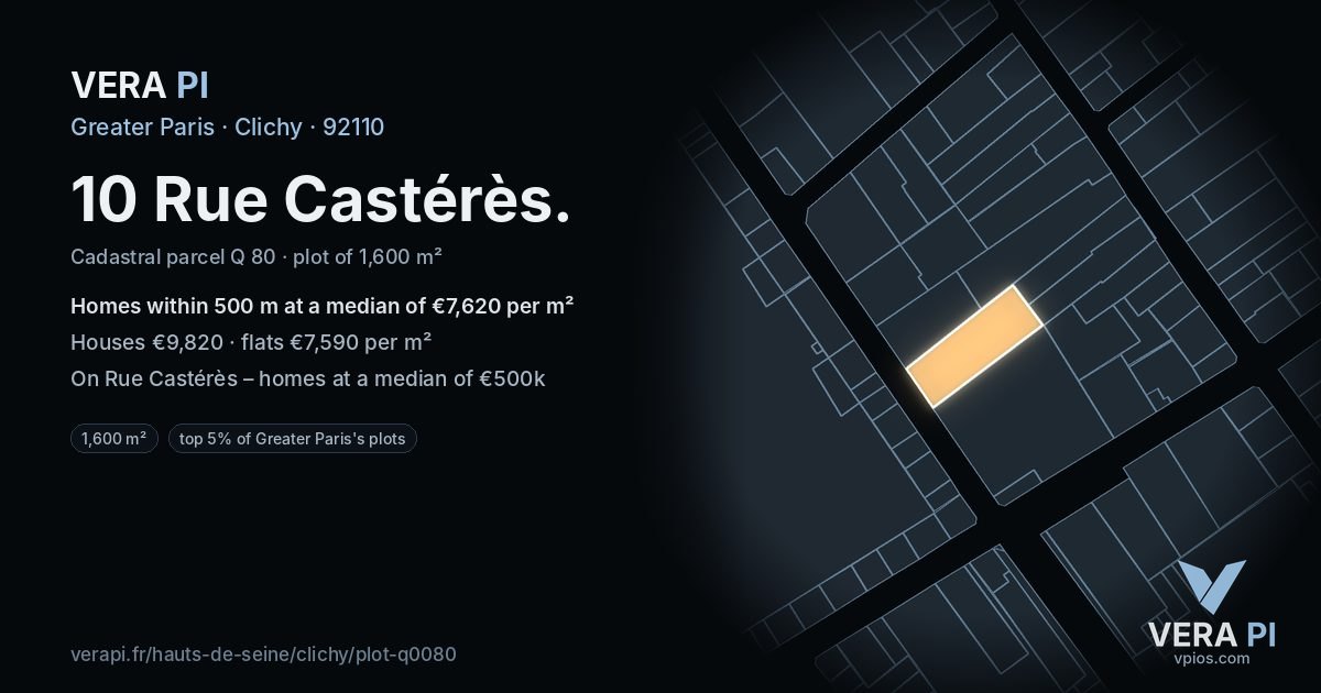 10 Rue Castérès, Clichy at night – the plot lit, the parcels around coloured by the prices near them