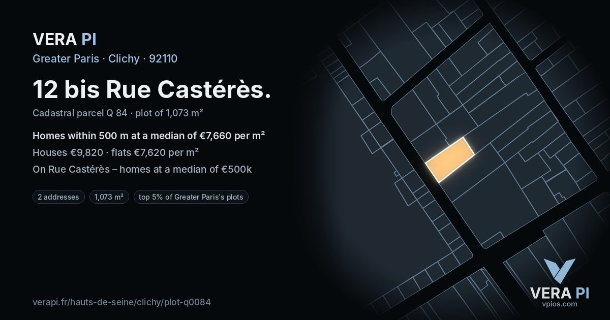 12 bis Rue Castérès, Clichy at night – the plot lit, the parcels around coloured by the prices near them