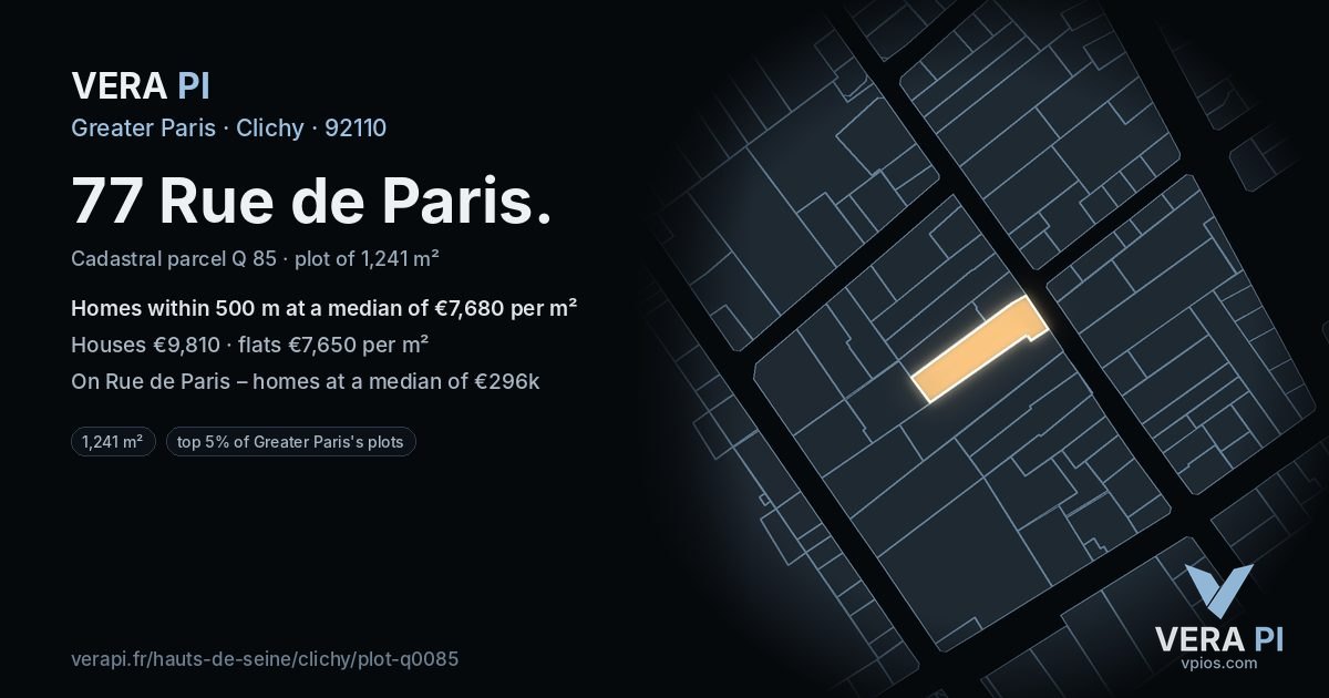 77 Rue de Paris, Clichy at night – the plot lit, the parcels around coloured by the prices near them