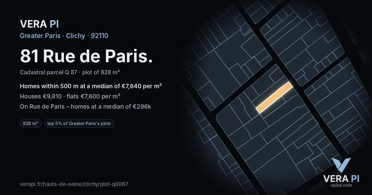 81 Rue de Paris, Clichy at night – the plot lit, the parcels around coloured by the prices near them