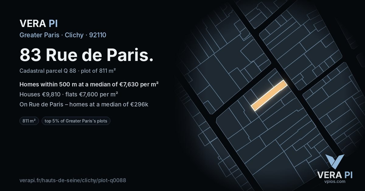 83 Rue de Paris, Clichy at night – the plot lit, the parcels around coloured by the prices near them