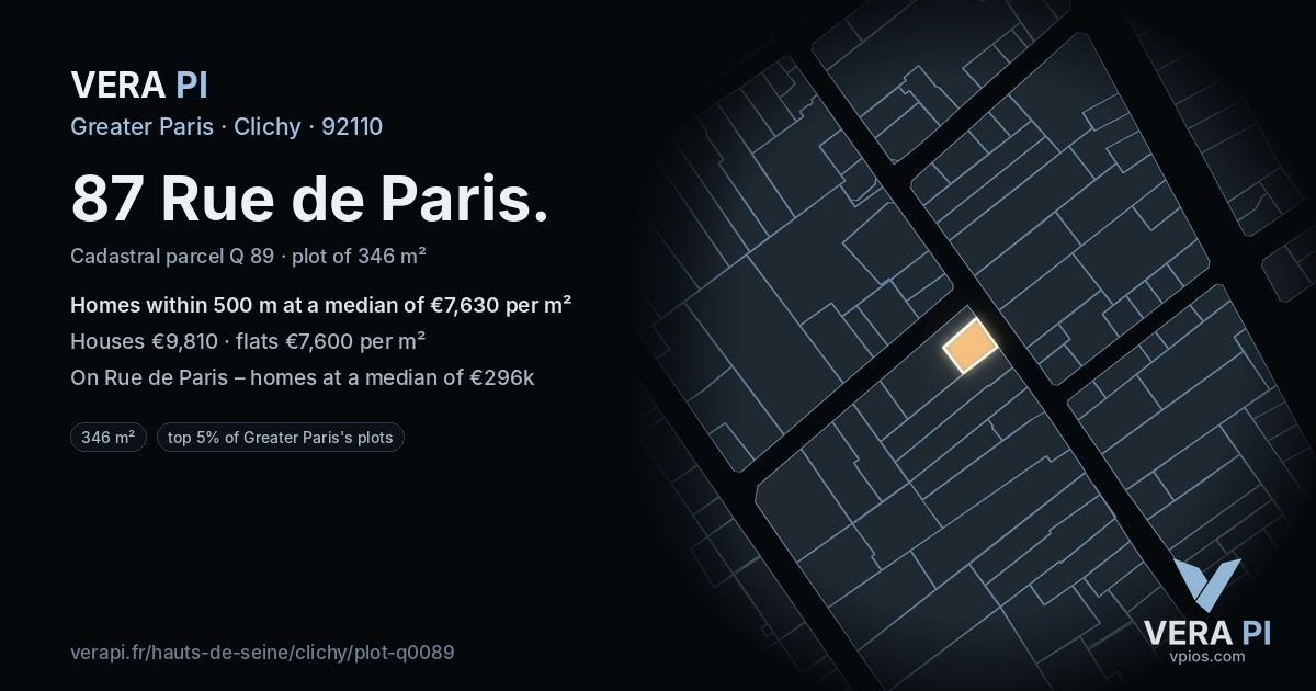 87 Rue de Paris, Clichy at night – the plot lit, the parcels around coloured by the prices near them