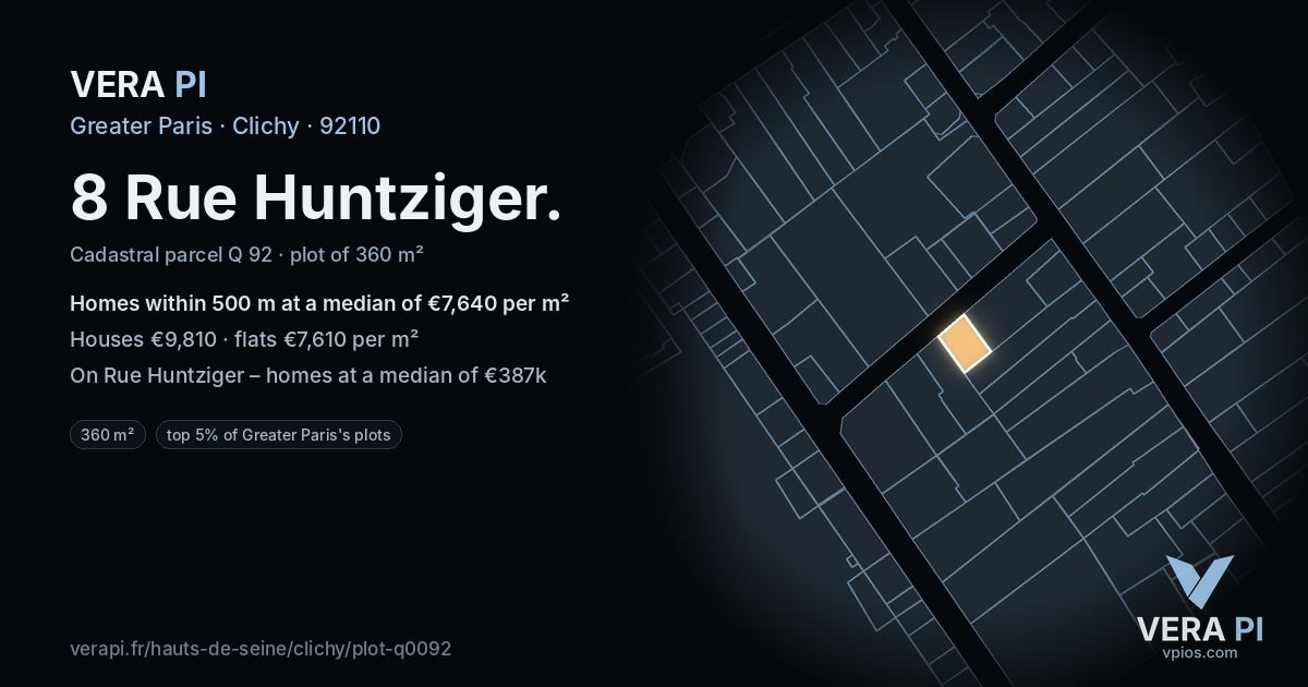 8 Rue Huntziger, Clichy at night – the plot lit, the parcels around coloured by the prices near them