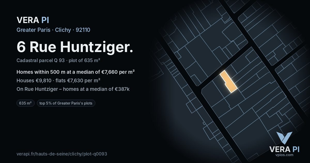 6 Rue Huntziger, Clichy at night – the plot lit, the parcels around coloured by the prices near them