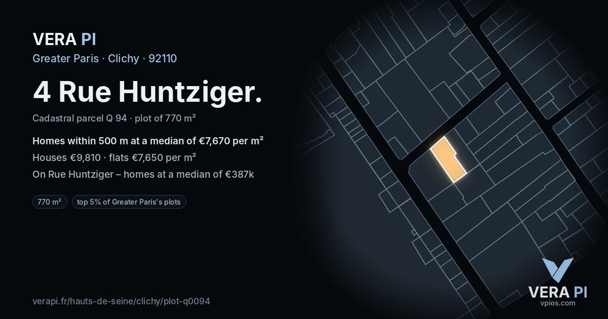 4 Rue Huntziger, Clichy at night – the plot lit, the parcels around coloured by the prices near them