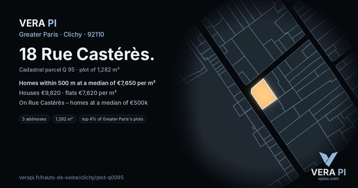18 Rue Castérès, Clichy at night – the plot lit, the parcels around coloured by the prices near them