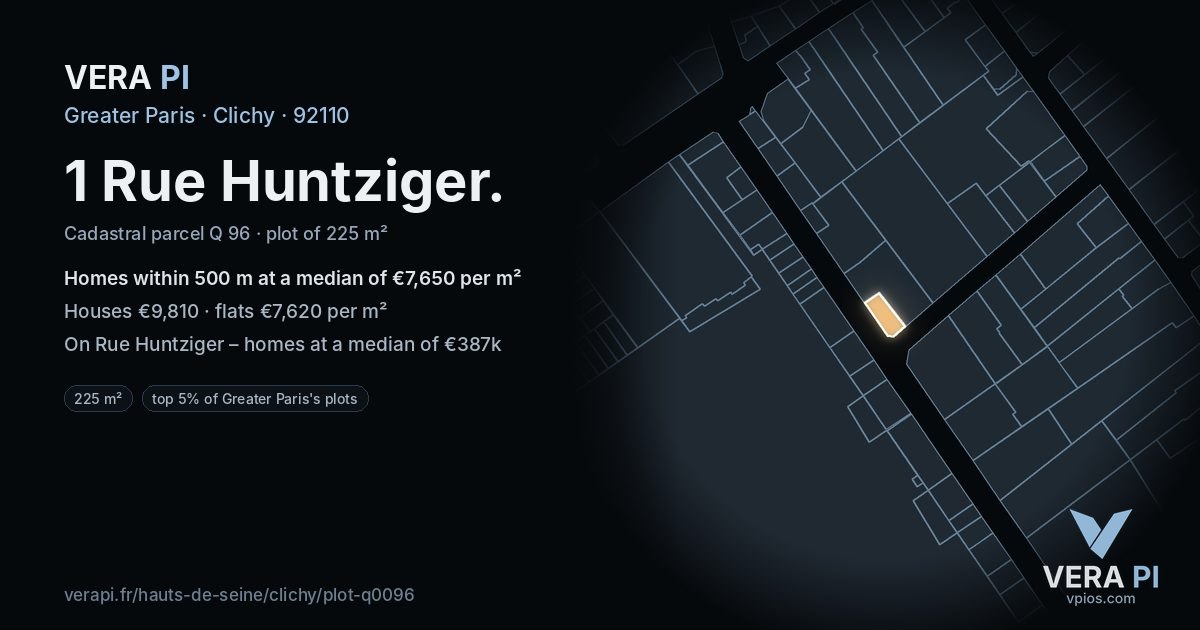 1 Rue Huntziger, Clichy at night – the plot lit, the parcels around coloured by the prices near them
