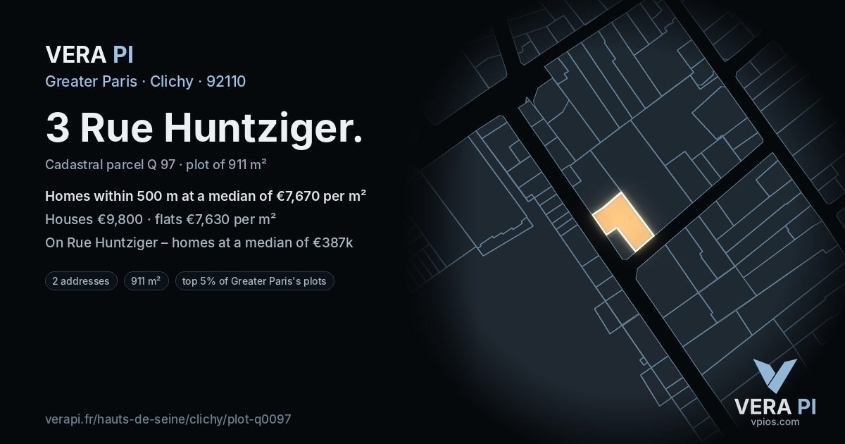 3 Rue Huntziger, Clichy at night – the plot lit, the parcels around coloured by the prices near them